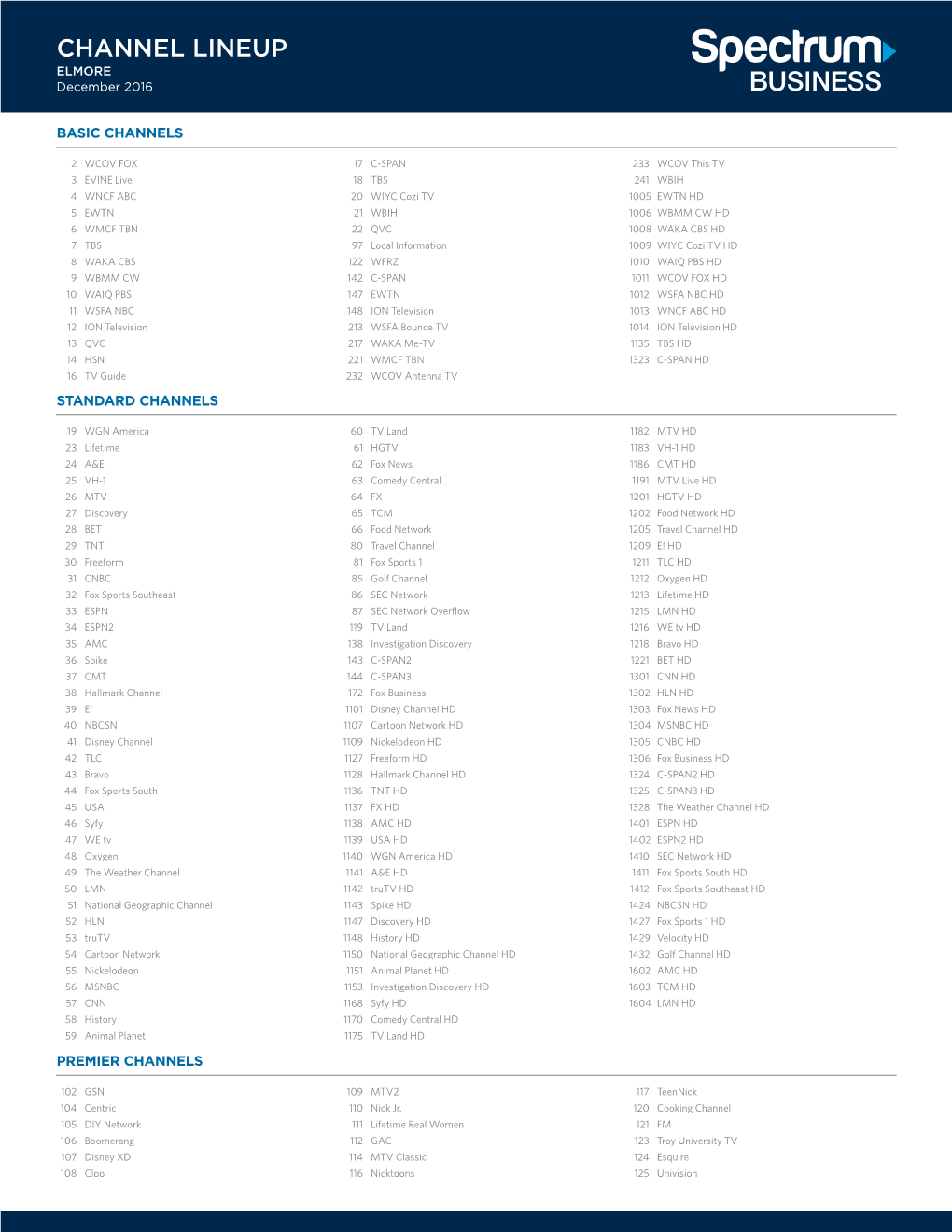 CHANNEL LINEUP ELMORE December 2016