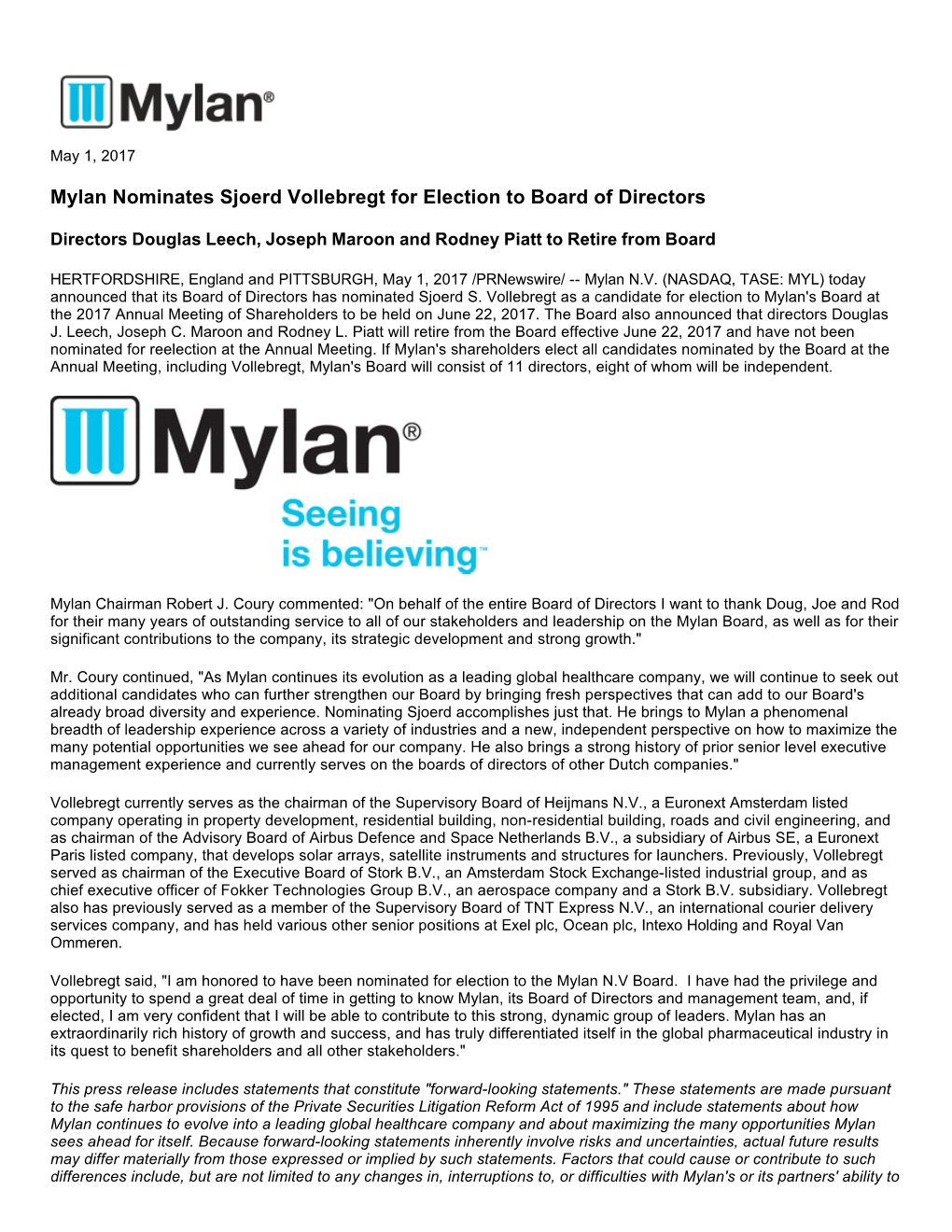 Mylan Nominates Sjoerd Vollebregt for Election to Board of Directors