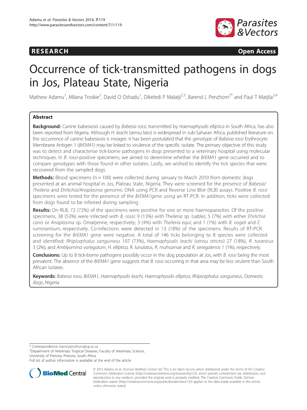 Occurrence of Tick-Transmitted Pathogens in Dogs in Jos, Plateau