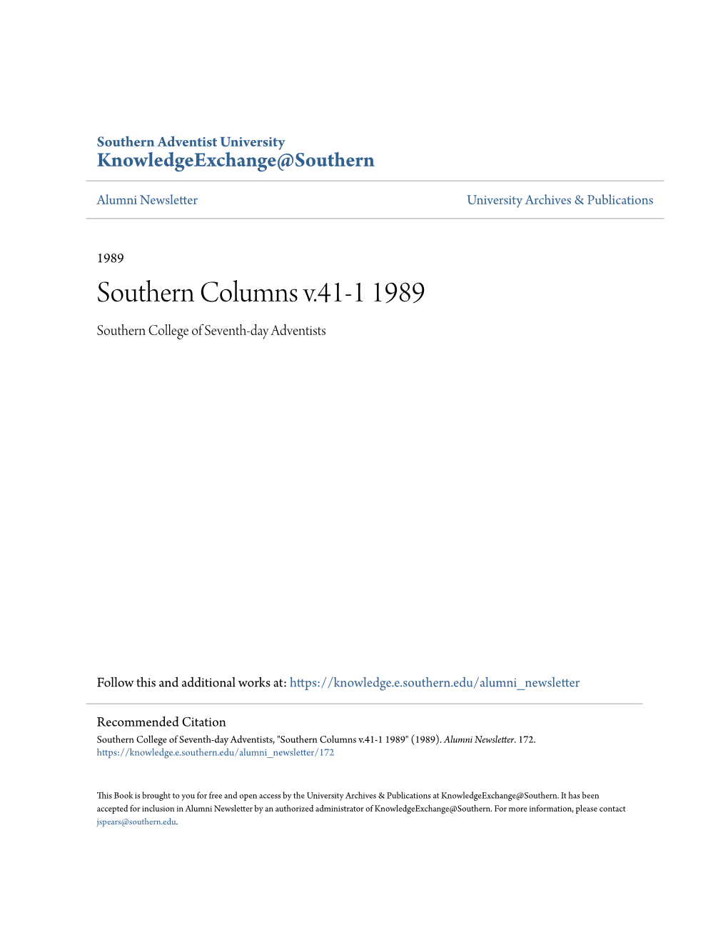 Southern Columns V.41-1 1989 Southern College of Seventh-Day Adventists