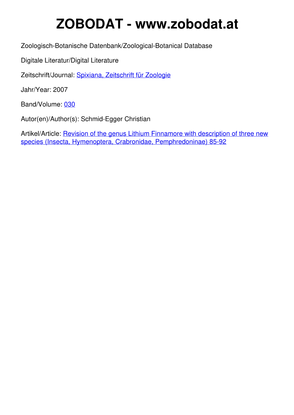 Revision of the Genus Lithium Finnamore with Description of Three