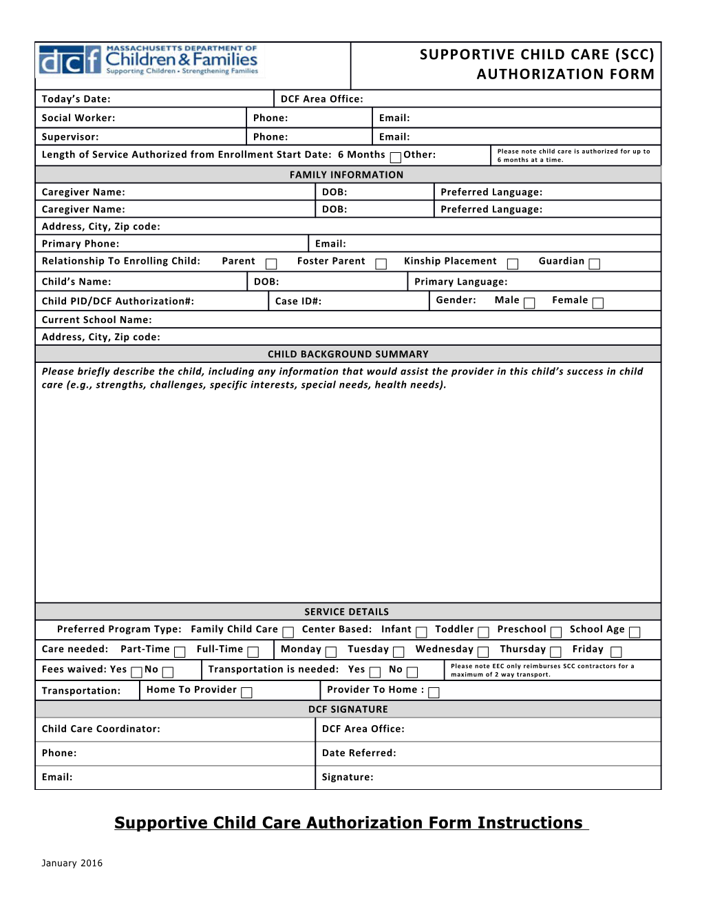 Supportive Child Care (SCC) AUTHORIZATION FORM