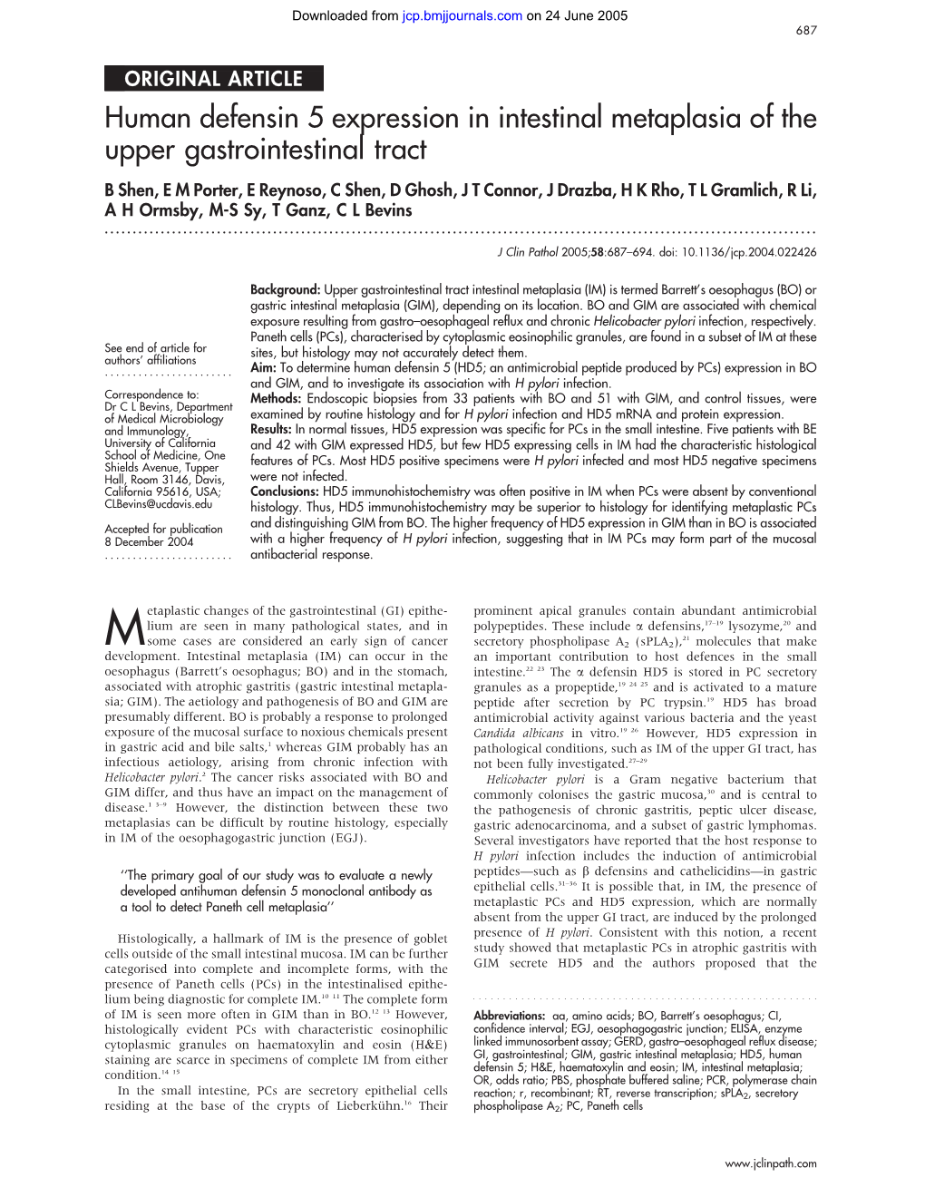 Human Defensin 5 Expression in Intestinal Metaplasia of the Upper