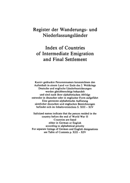 Und Niederlassungsländer Index of Countries of Intermediate Emigration and Final Settlement