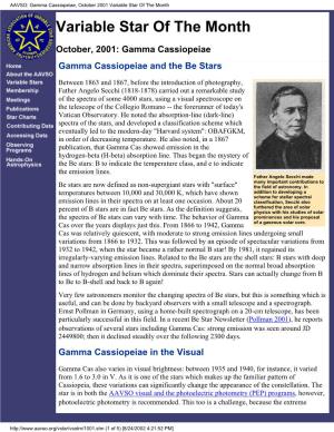 Gamma Cassiopeiae, October 2001 Variable Star of the Month Variable Star of the Month