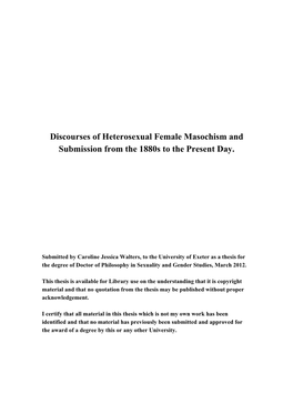 Discourses of Heterosexual Female Masochism and Submission from the 1880S to the Present Day