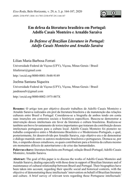 Adolfo Casais Monteiro E Arnaldo Saraiva in Defense of Brazilian