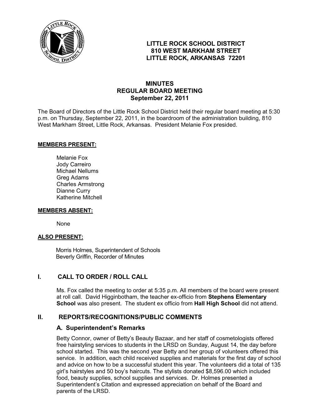 MINUTES REGULAR BOARD MEETING September 22, 2011 I