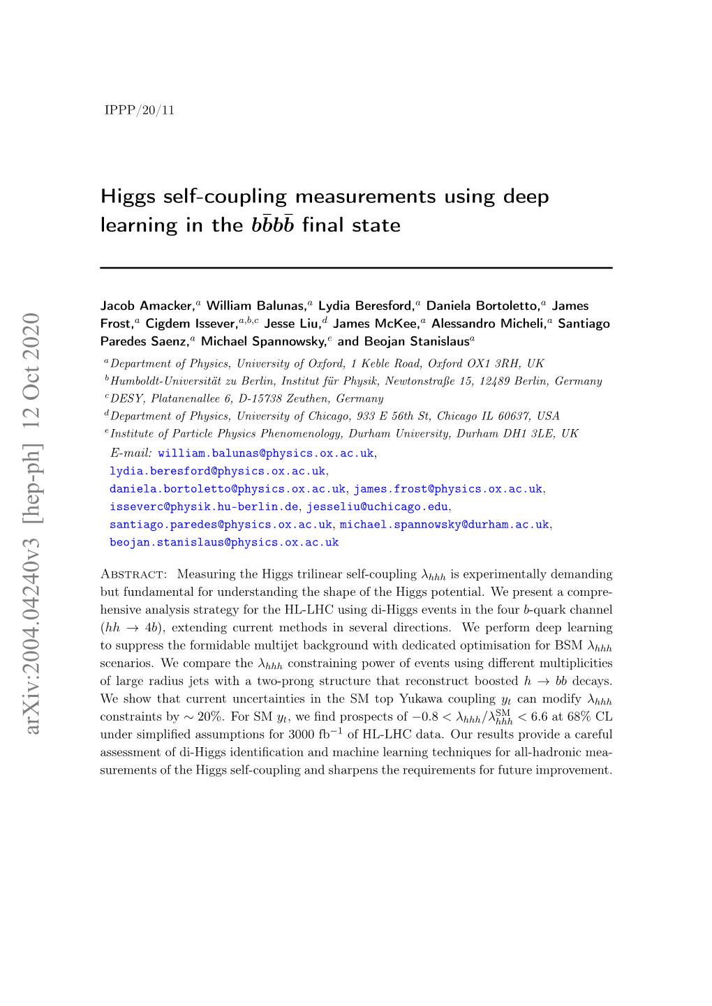 Higgs Self-Coupling Measurements Using Deep Learning in the B¯Bb¯B ﬁnal State