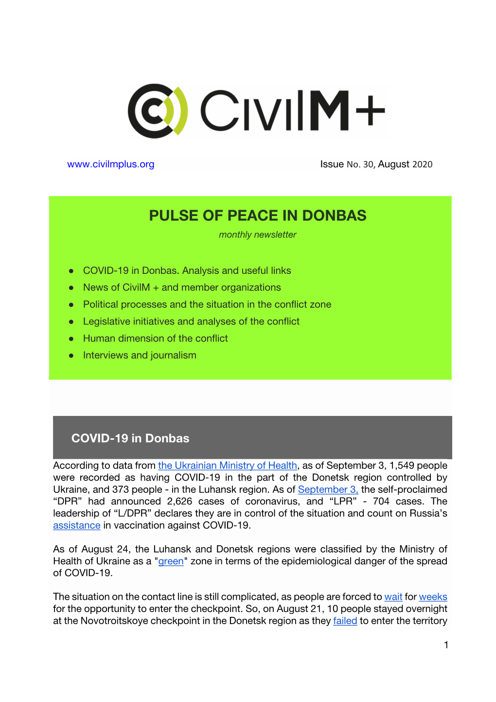 PULSE of PEACE in DONBAS Monthly Newsletter