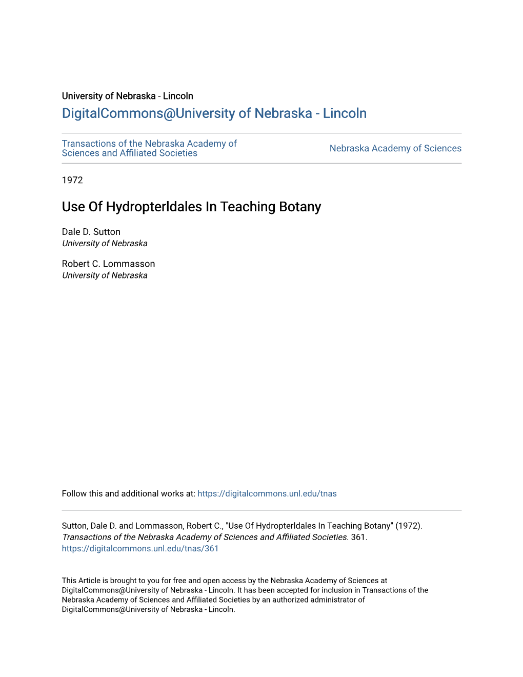 Use of Hydropterldales in Teaching Botany