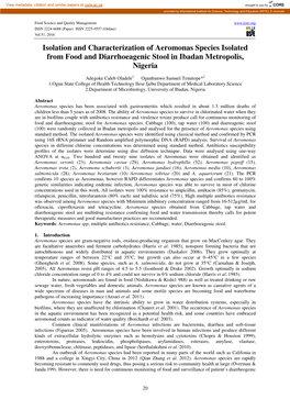 Isolation and Characterization of Aeromonas Species Isolated from Food and Diarrhoeagenic Stool in Ibadan Metropolis, Nigeria