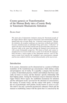 Cosmo-Genesis Or Transformation of the Human Body Into a Cosmic Body in Yanomami Shamanistic Initiation