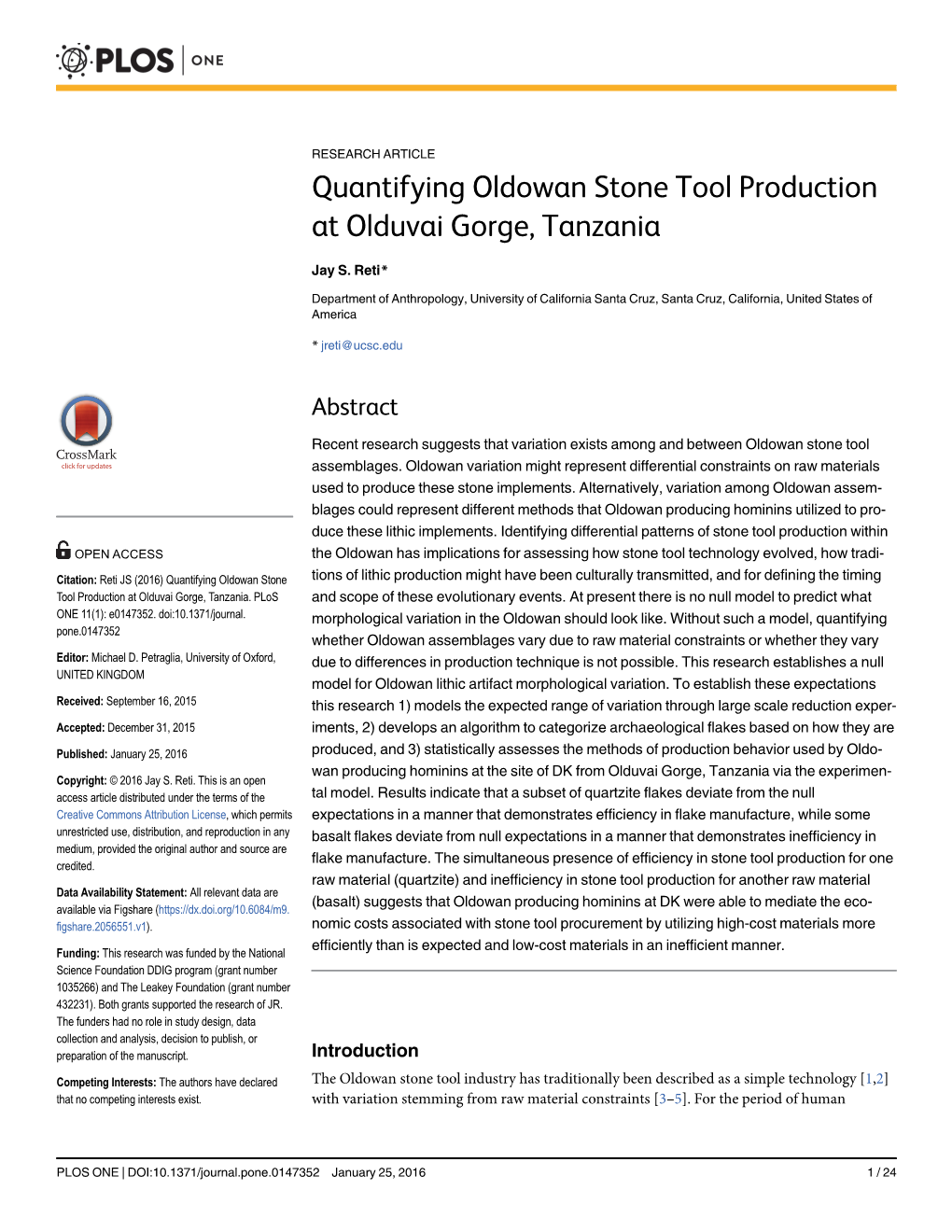 Quantifying Oldowan Stone Tool Production at Olduvai Gorge, Tanzania