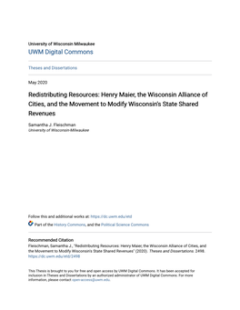 Henry Maier, the Wisconsin Alliance of Cities, and the Movement to Modify Wisconsin's State Shared Revenues
