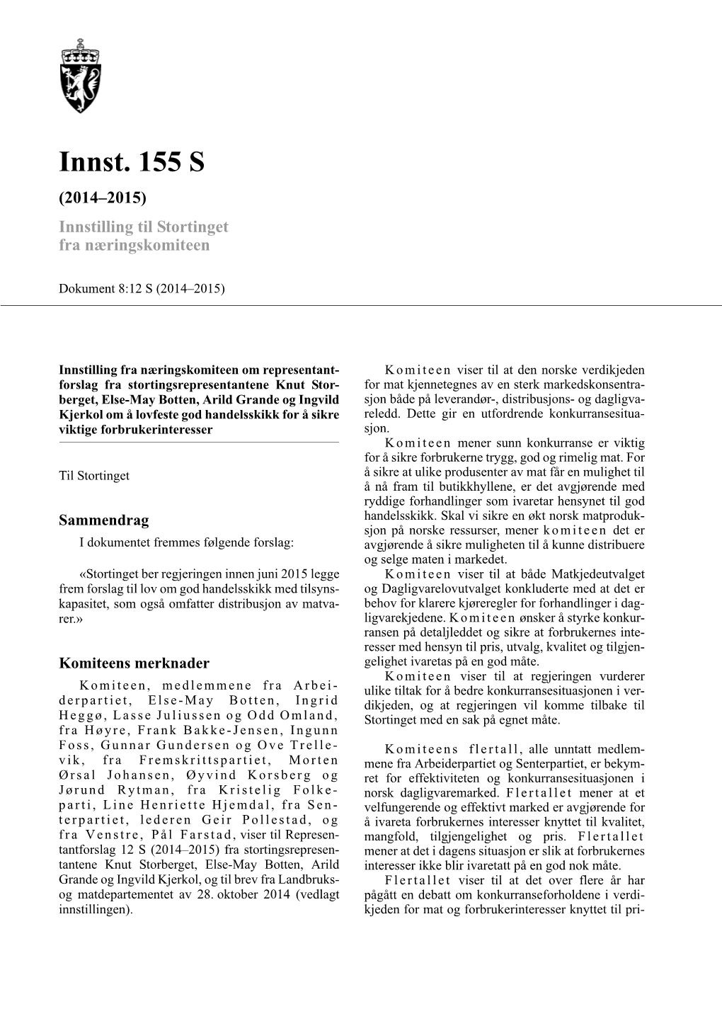 Innst. 155 S (2014–2015) Innstilling Til Stortinget Fra Næringskomiteen