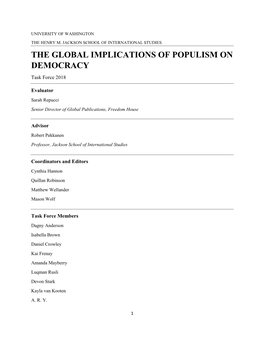 THE GLOBAL IMPLICATIONS of POPULISM on DEMOCRACY Task Force 2018