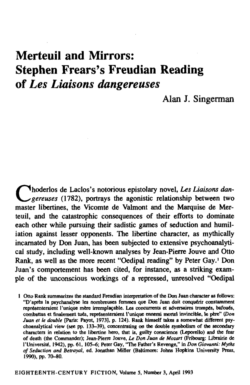 Merteuil and Mirrors: Stephen Frears's Freudian Reading of Les Liaisons Dangereuses Alan J