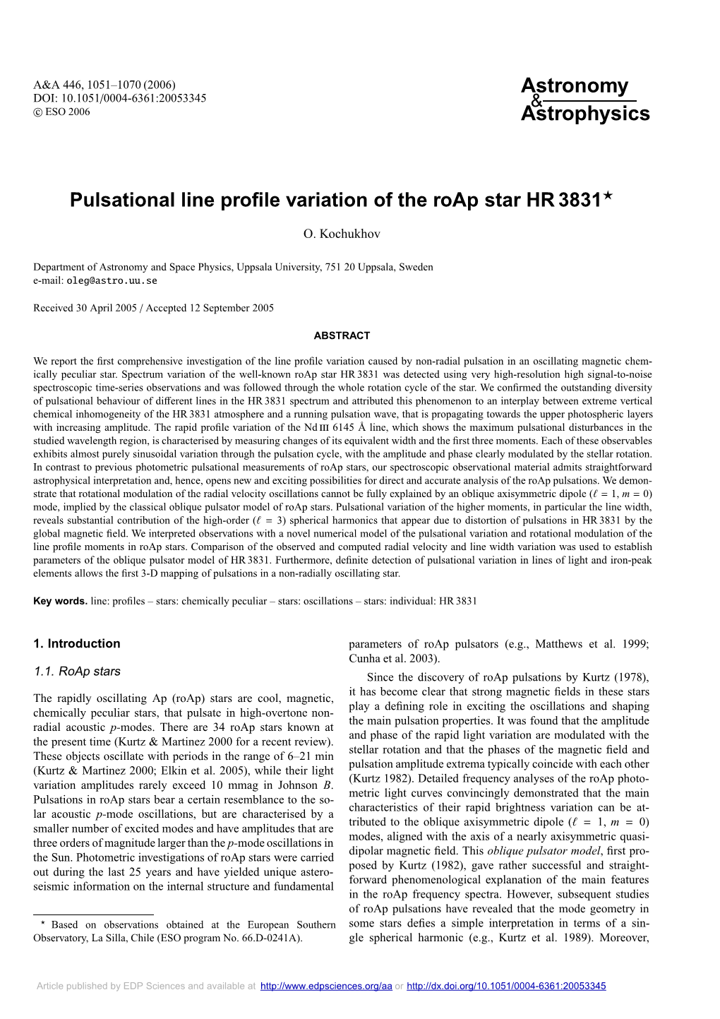 Pulsational Line Profile Variation of the Roap Star HR 3831