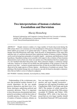 Two Interpretations of Human Evolution: Essentialism and Darwinism