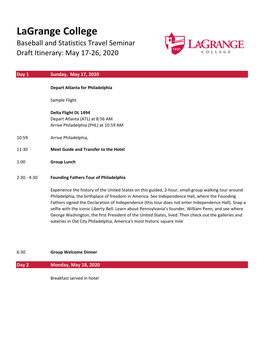 Lagrange College Baseball and Statistics Travel Seminar Draft Itinerary: May 17-26, 2020