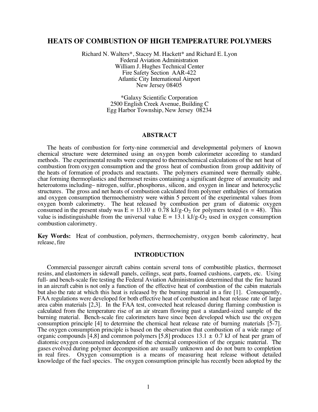 HEATS of COMBUSTION of HIGH TEMPERATURE POLYMERS Richard N