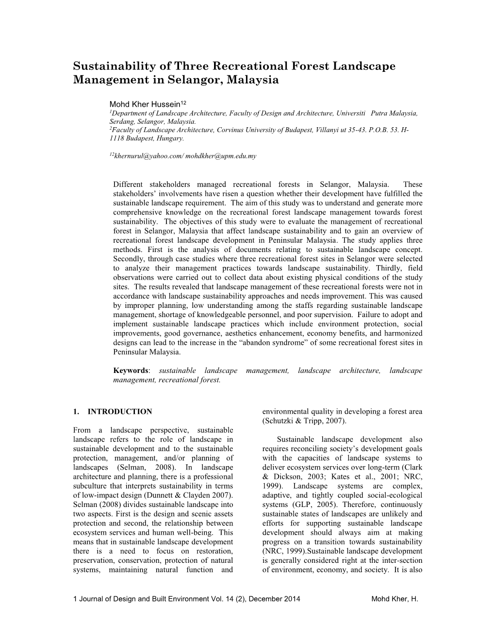 Sustainability of Three Recreational Forest Landscape Management in Selangor, Malaysia