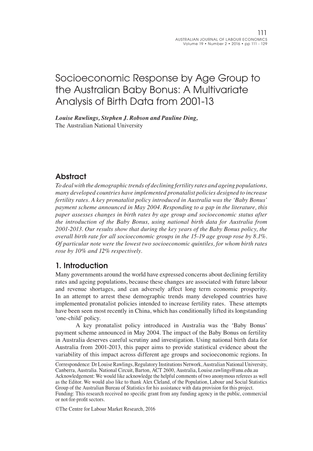 Socioeconomic Response by Age Group to the Australian Baby Bonus: a Multivariate Analysis of Birth Data from 2001-13