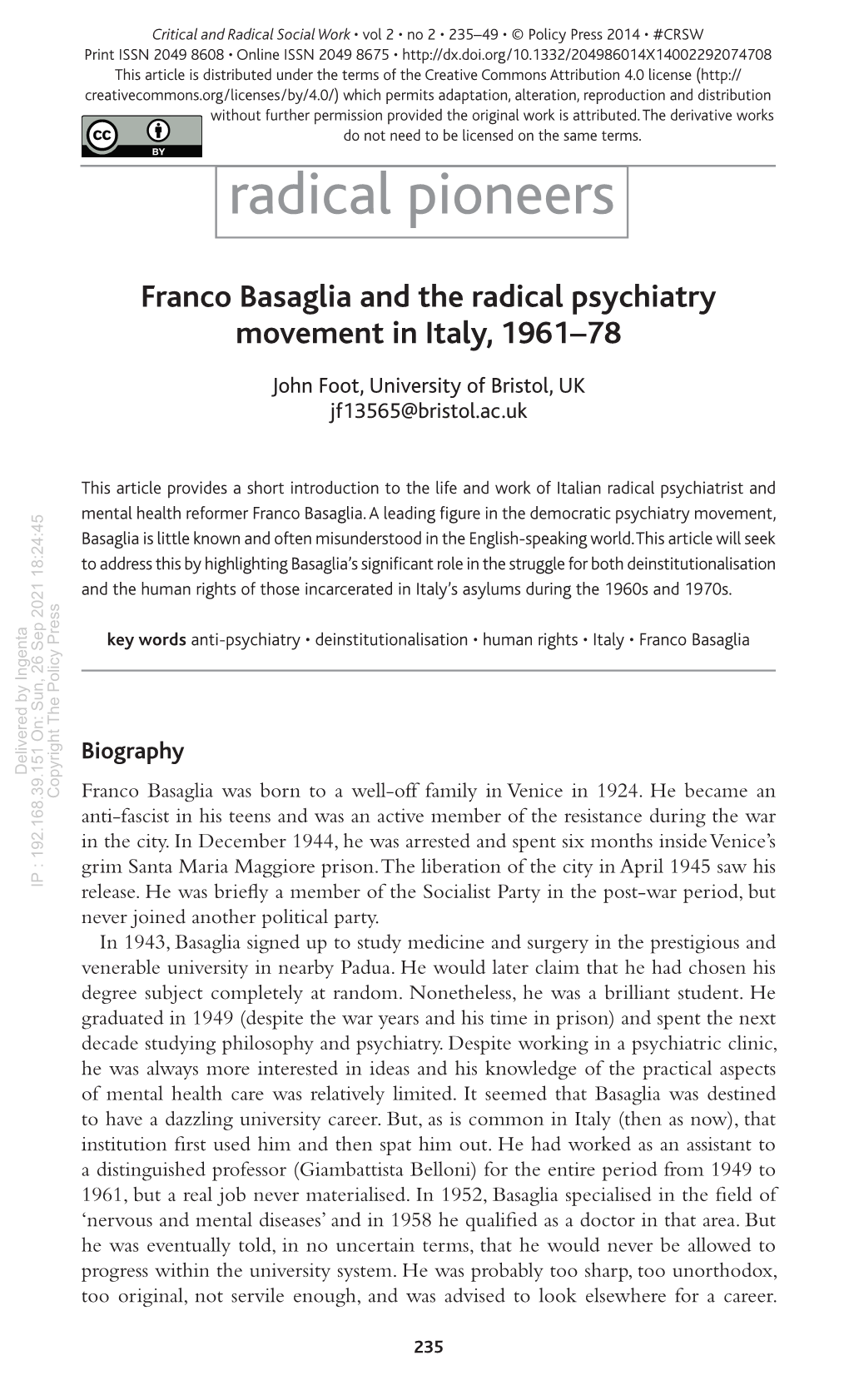 Franco Basaglia and the Radical Psychiatry Movement in Italy