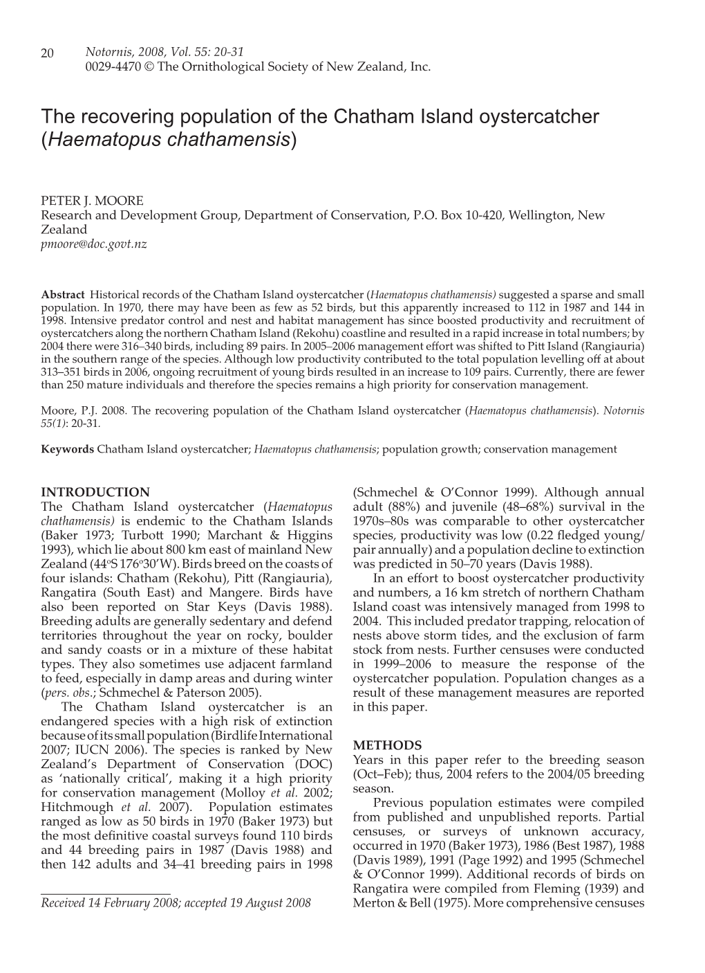 The Recovering Population of the Chatham Island Oystercatcher (Haematopus Chathamensis)