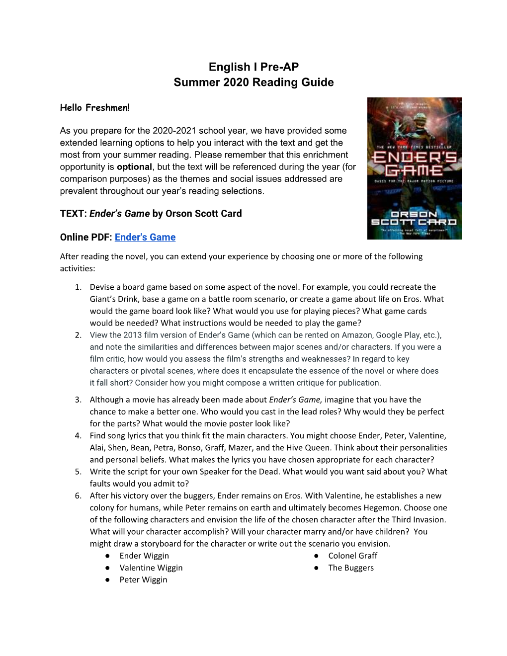 English I Pre-AP Summer 2020 Reading Guide