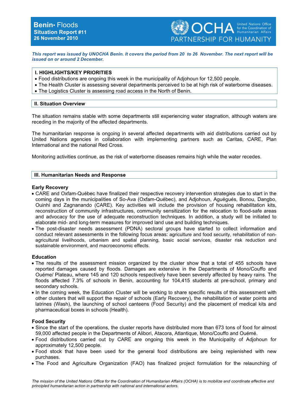 Benin• Floods Situation Report #11 26 November 2010