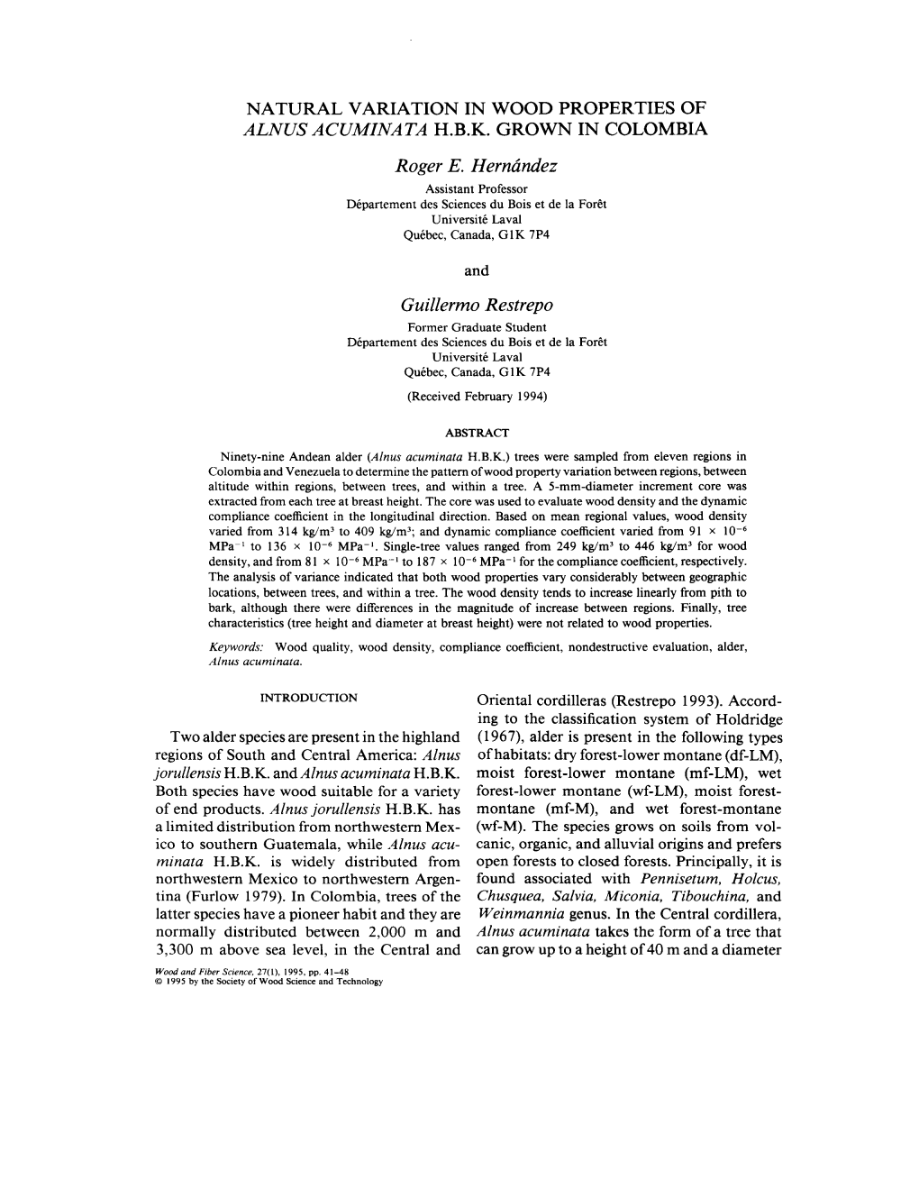 Natural Variation in Wood Properties of Alnus Acuminata H.B.K