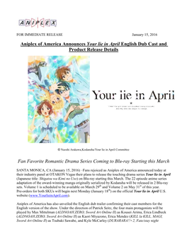 Aniplex of America Announces Your Lie in April English Dub Cast and Product Release Details