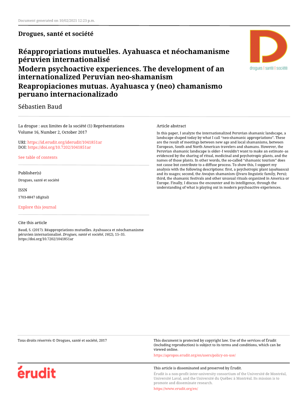 Réappropriations Mutuelles. Ayahuasca Et Néochamanisme Péruvien Internationalisé Modern Psychoactive Experiences