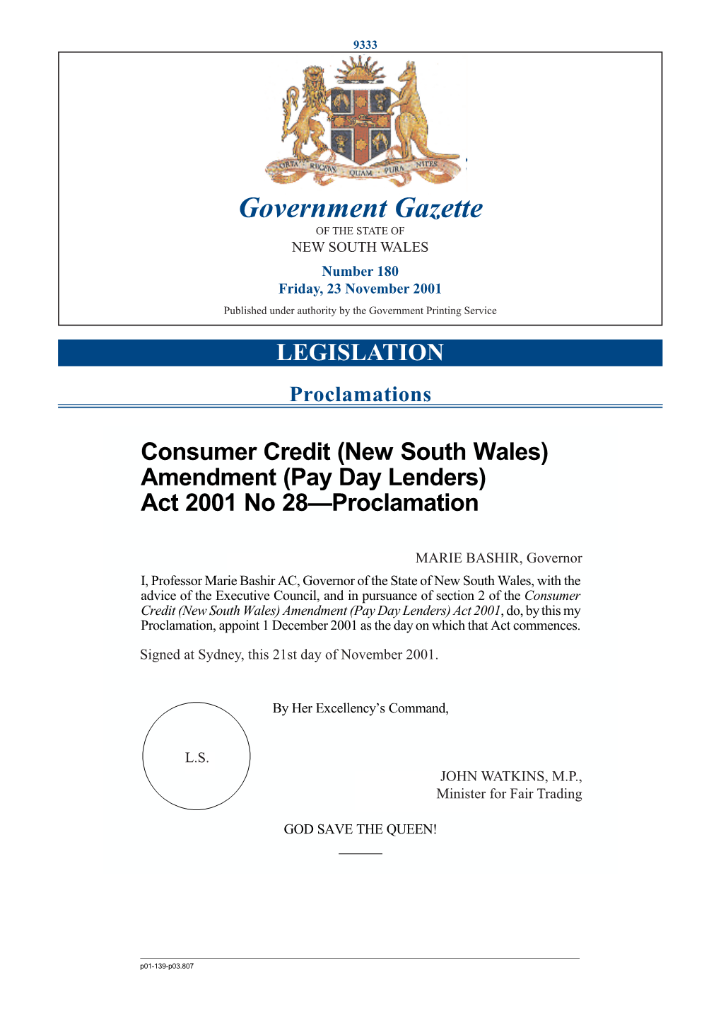 Government Gazette of the STATE of NEW SOUTH WALES Number 180 Friday, 23 November 2001 Published Under Authority by the Government Printing Service