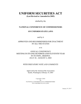 UNIFORM SECURITIES ACT (Last Revised Or Amended in 2005)