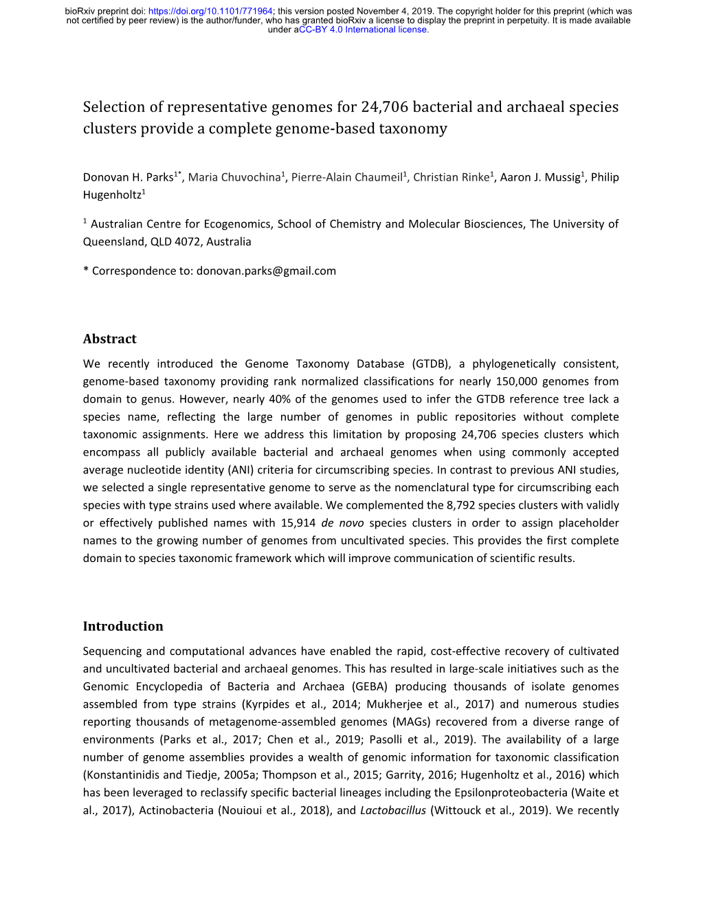 Selection of Representative Genomes for 24,706 Bacterial and Archaeal Species Clusters Provide a Complete Genome-Based Taxonomy