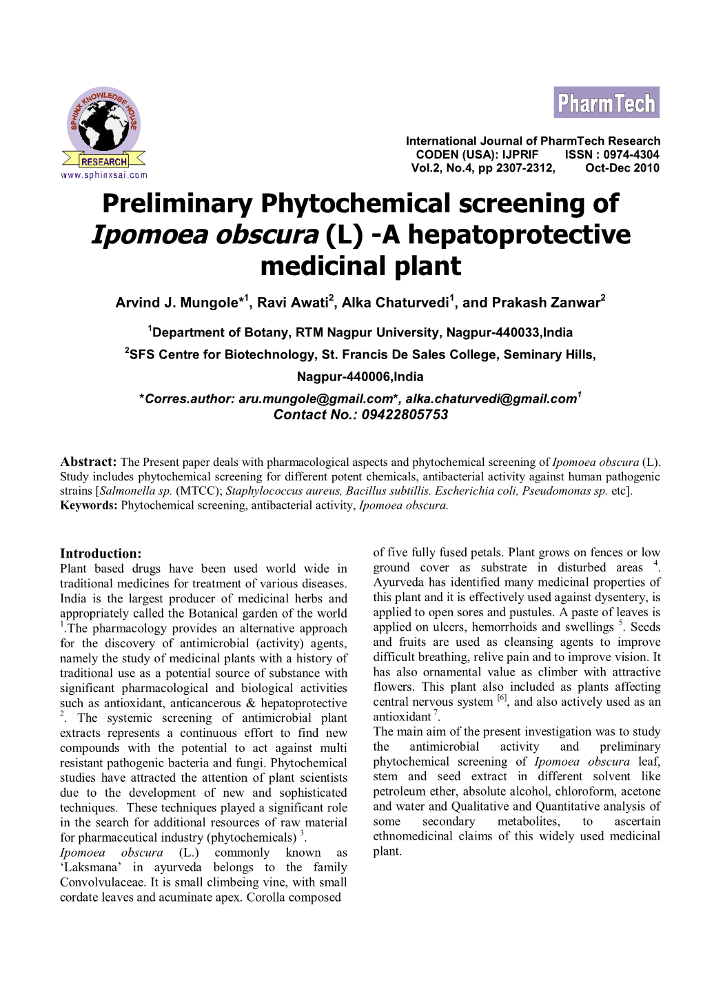 Preliminary Phytochemical Screening of Ipomoea Obscura (L) -A Hepatoprotective Medicinal Plant