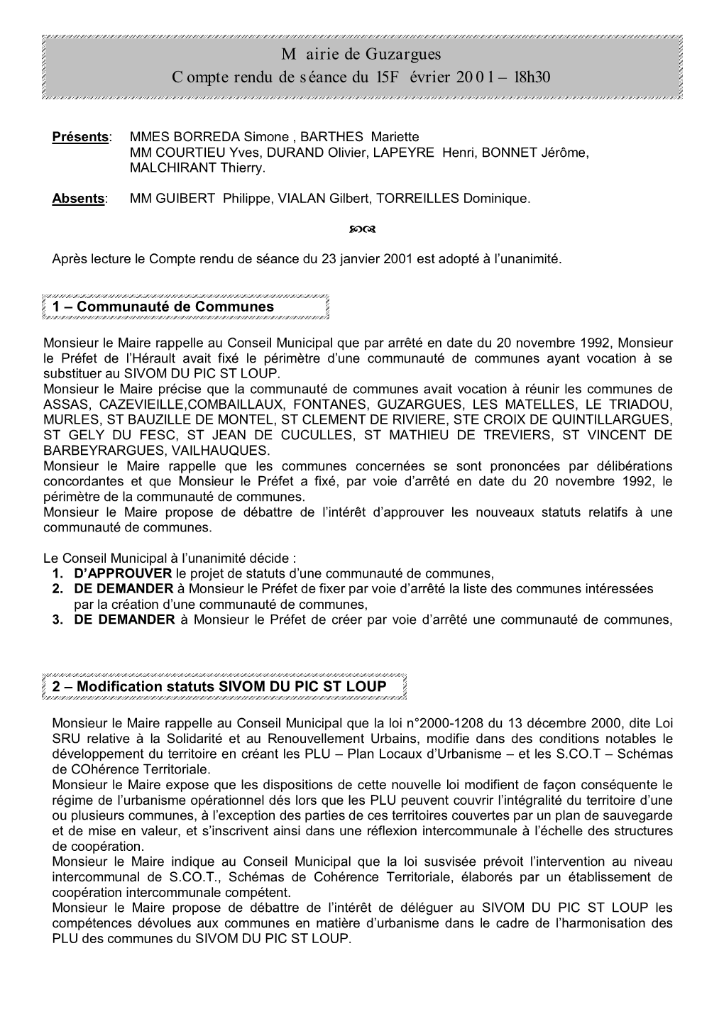 Mairie De Guzargues Compte Rendu De Séance Du 15Février 2001 – 18H30