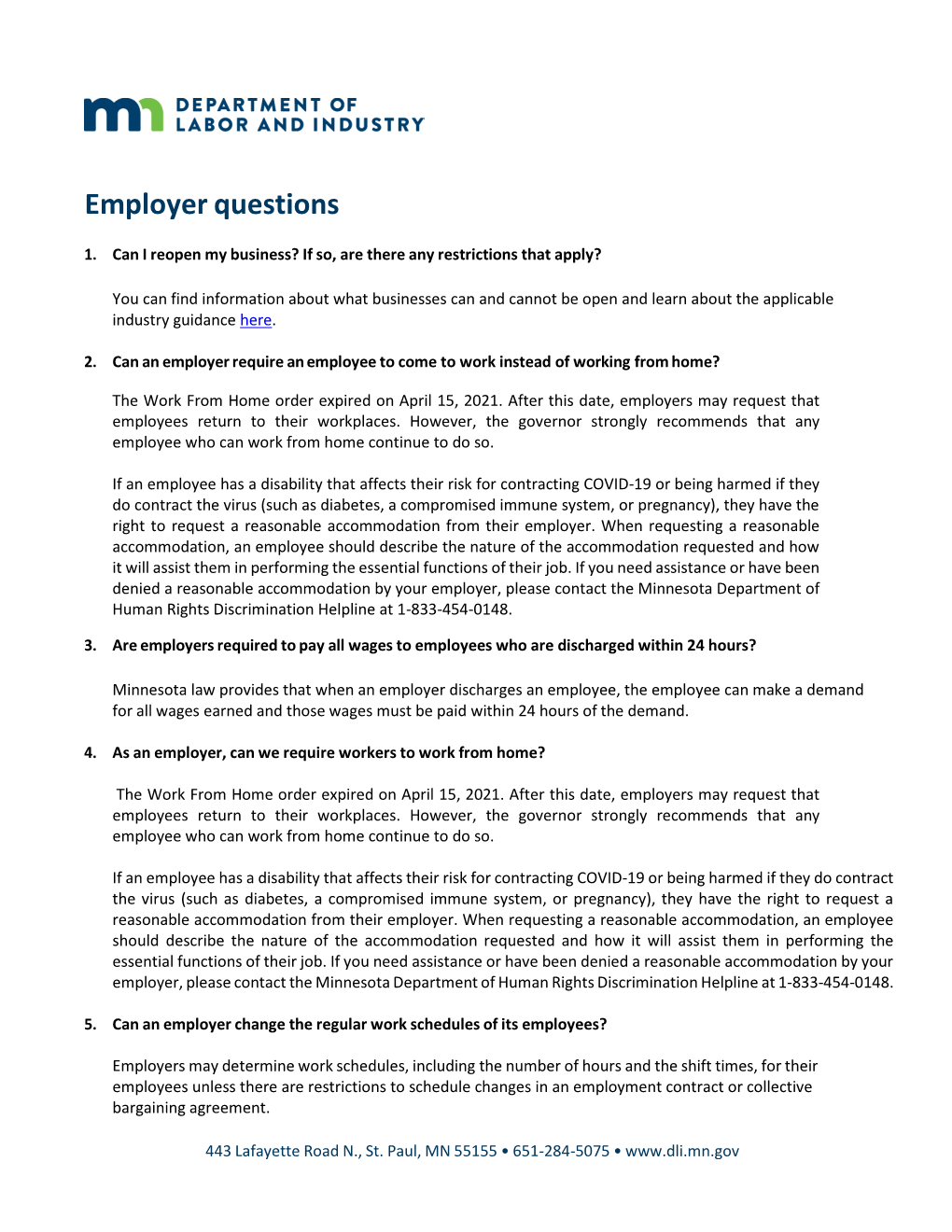 Frequently Asked Questions for Employers and Employees