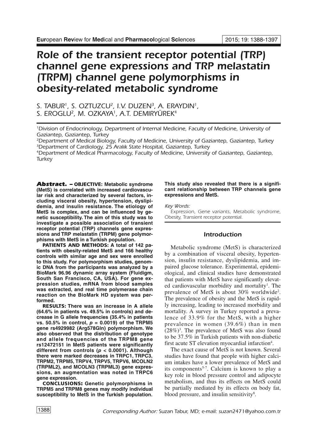 (TRPM) Channel Gene Polymorphisms in Obesity-Related Metabolic Syndrome