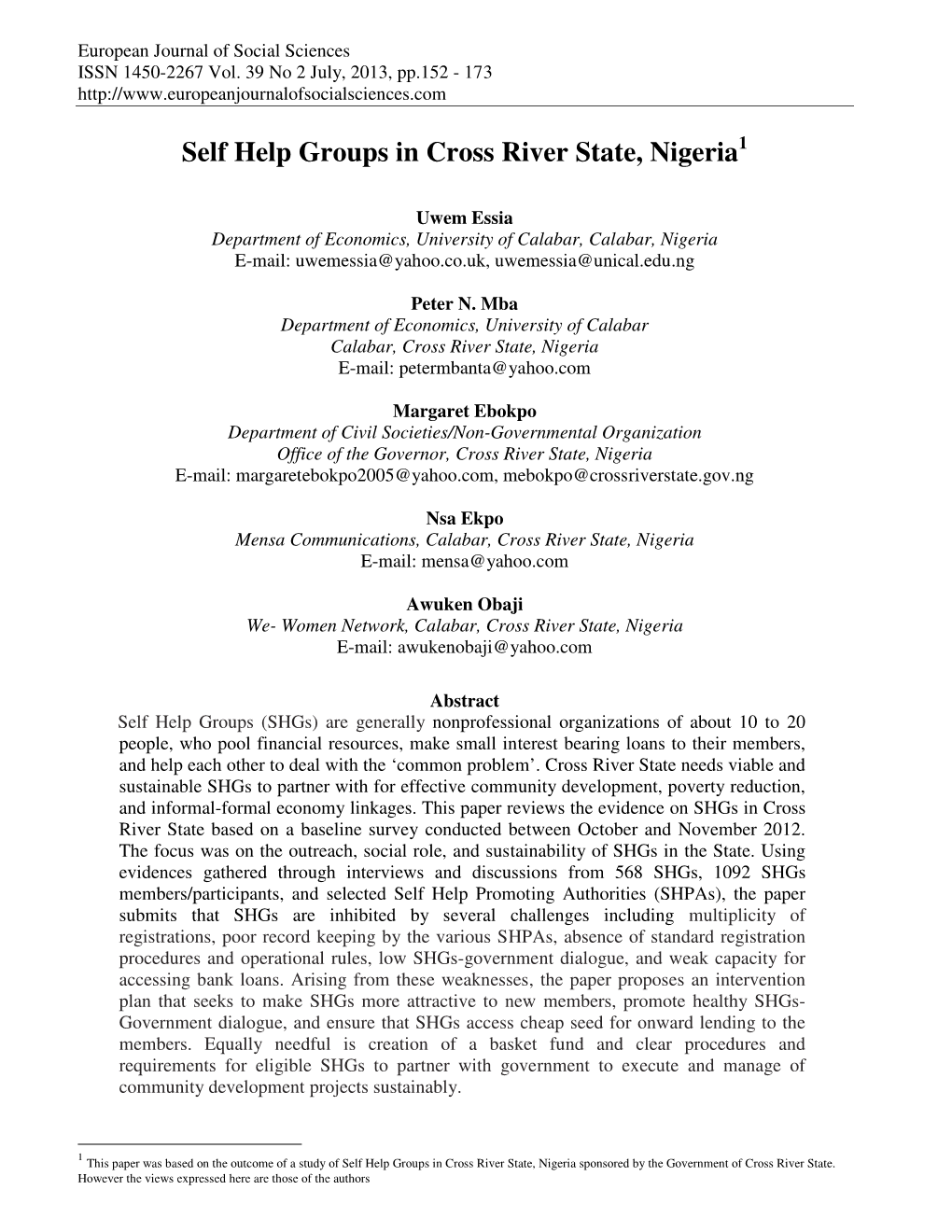 Self Help Groups in Cross River State, Nigeria 1