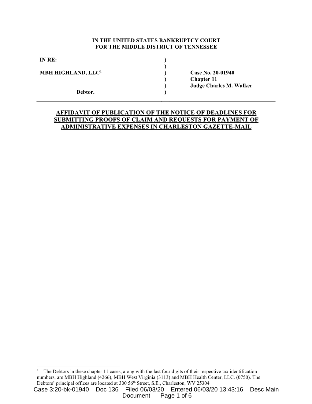 Affidavit of Publication of the Notice of Deadlines for Submitting Proofs of Claim and Requests for Payment of Administrative Expenses in Charleston Gazette-Mail