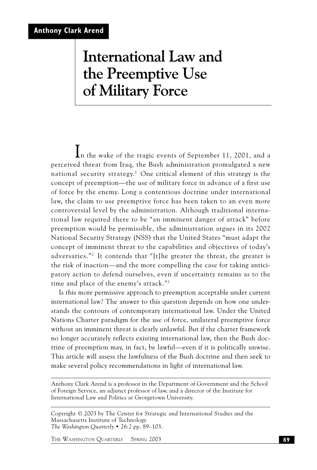 International Law and the Preemptive Use of Military Force