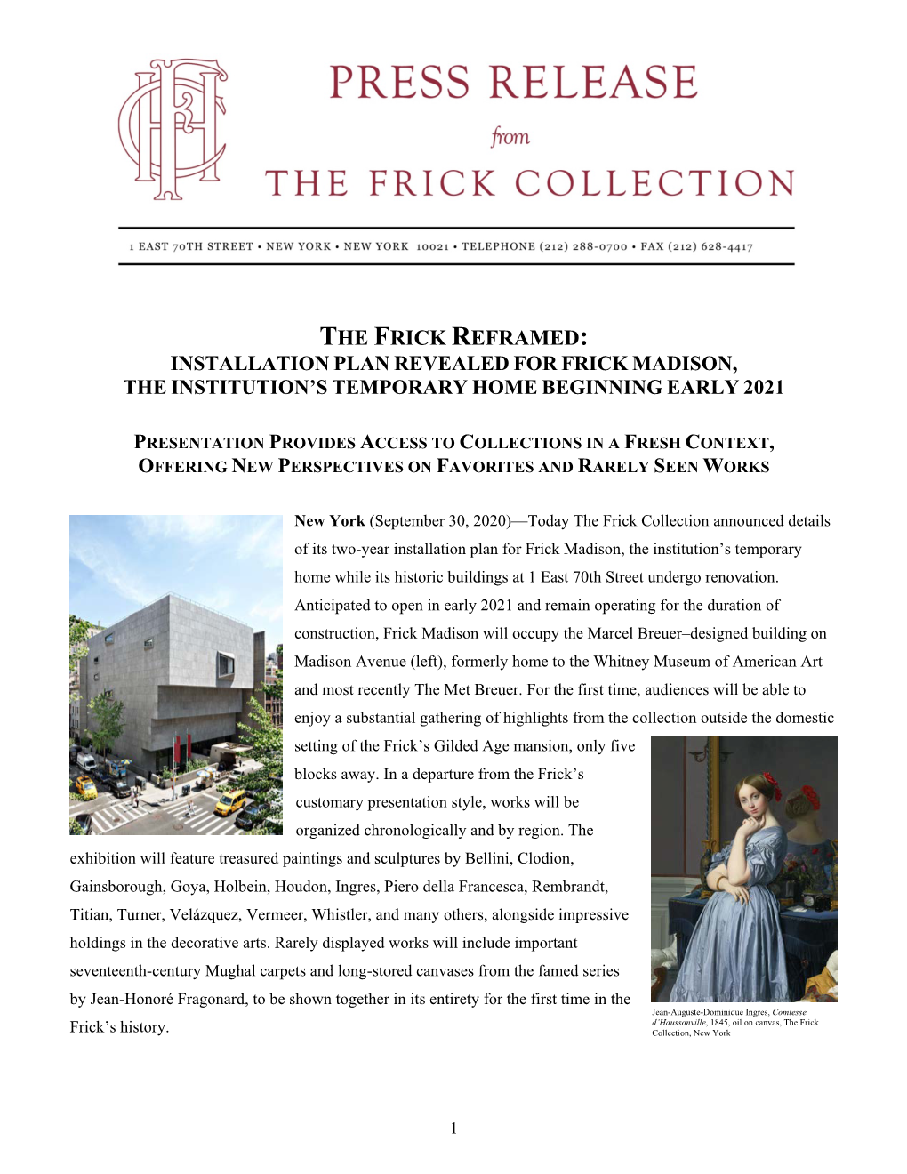 The Frick Reframed: Installation Plan Revealed for Frick Madison, the Institution’S Temporary Home Beginning Early 2021