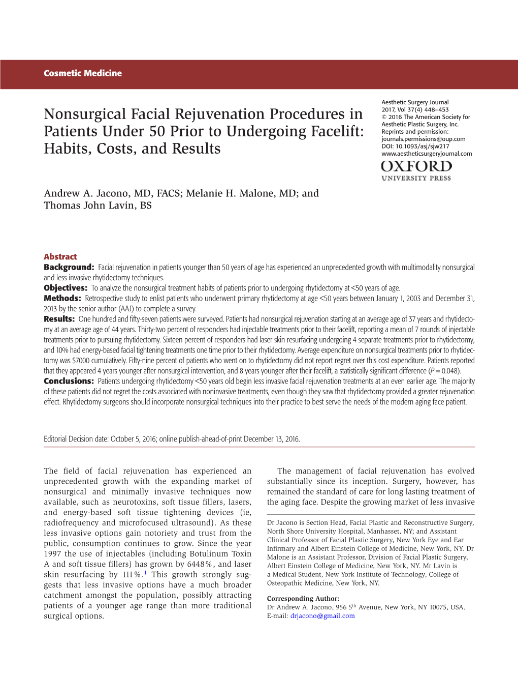 Nonsurgical Facial Rejuvenation Procedures in Patients Under 50