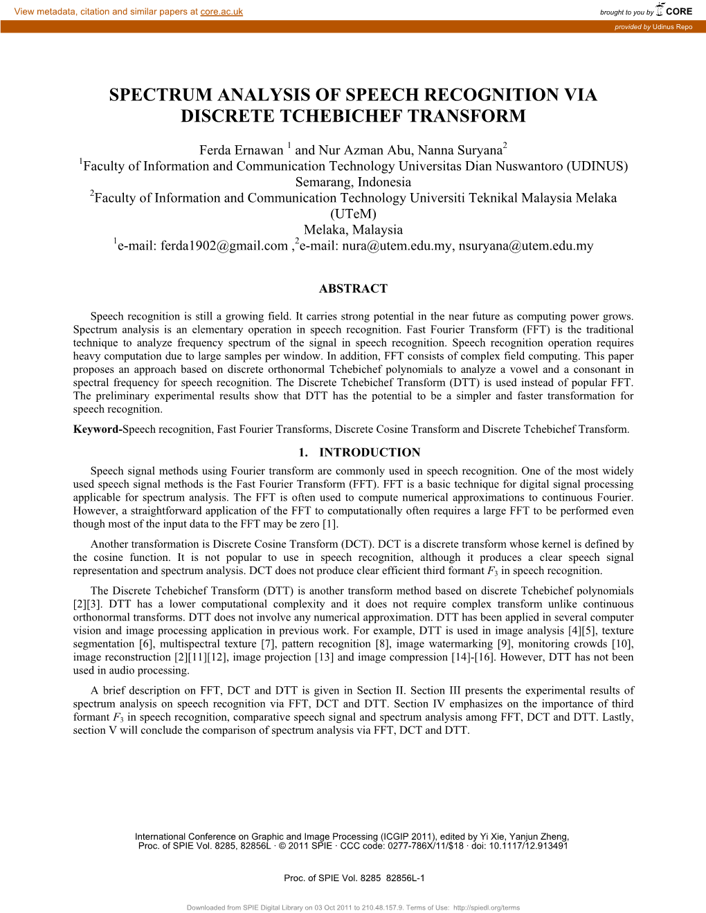 Spectrum Analysis of Speech Recognition Via Discrete Tchebichef Transform