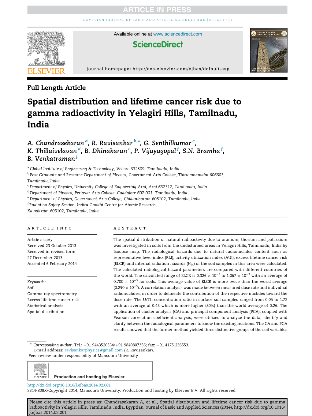 Spatial Distribution and Lifetime Cancer Risk Due to Gamma Radioactivity in Yelagiri Hills, Tamilnadu, India