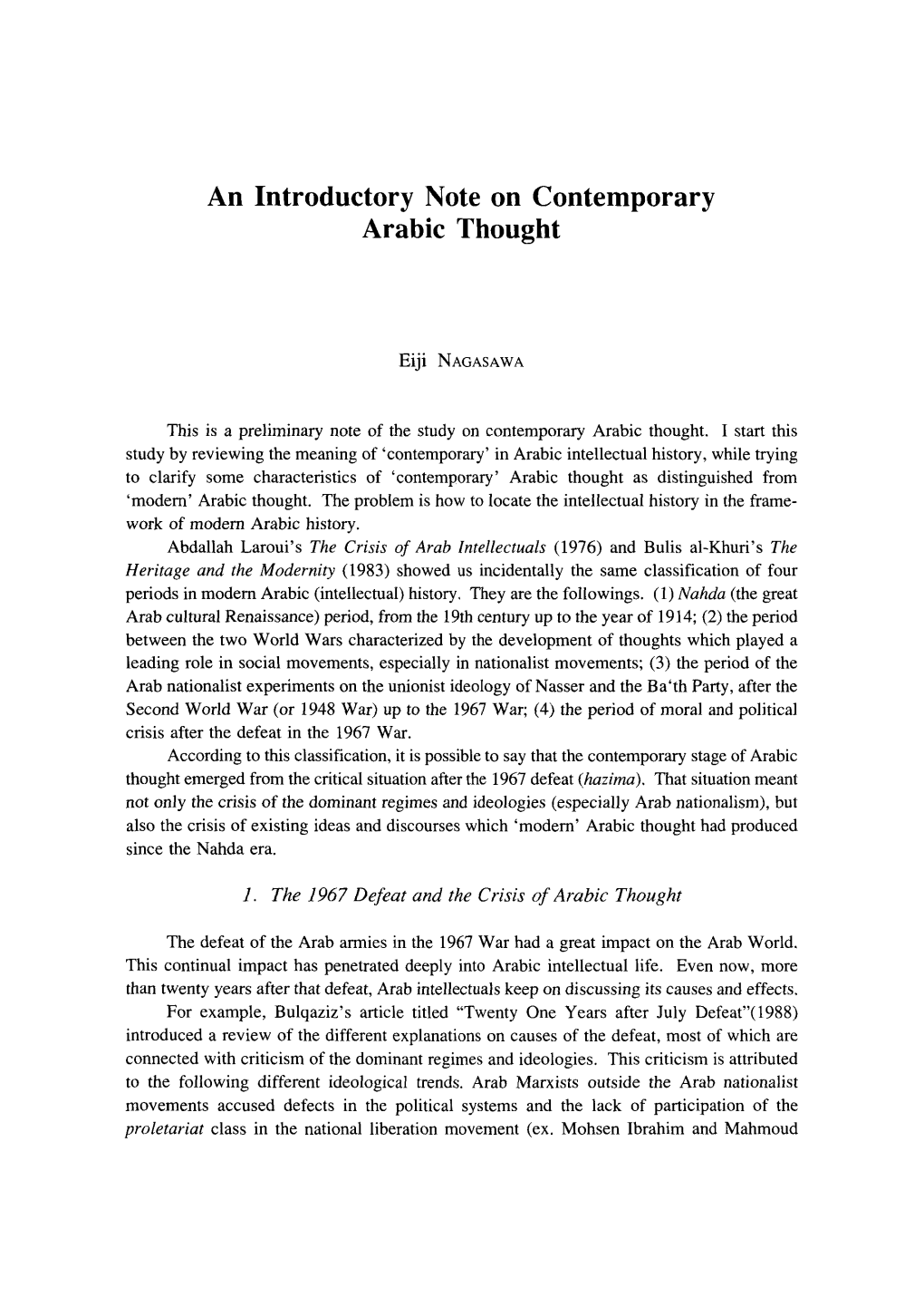 An Introductory Note on Contemporary Arabic Thought